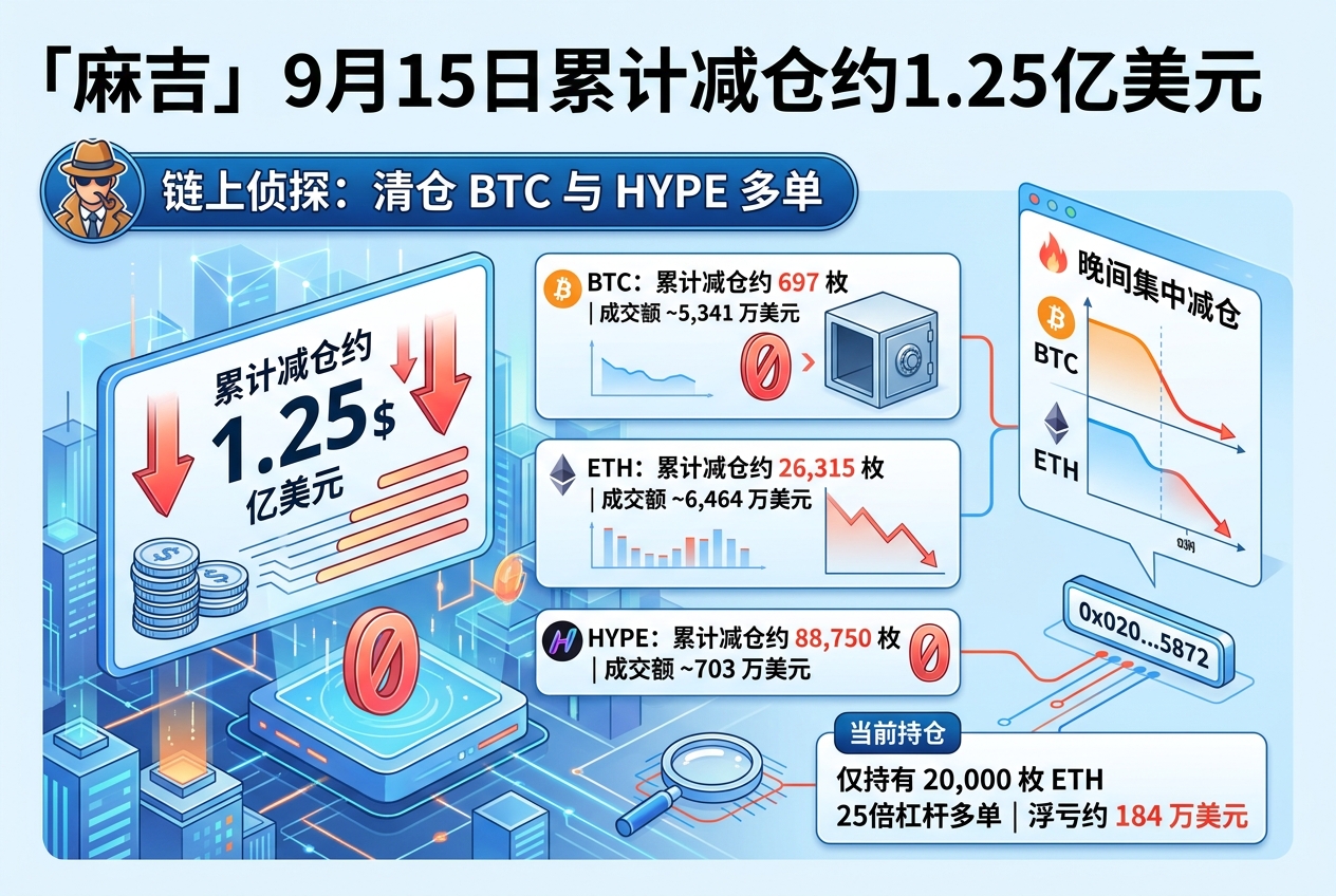链上侦探:「麻吉」9月15日累计减仓约1.25亿美元,已清仓 BTC 与 HYPE 多单
