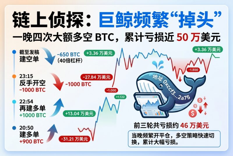 链上侦探|巨鲸频繁“掉头”,一晚四次大额多空 BTC,累计亏损近 50 万美元-指挥使社区 - 真实线索、热点议题与深度观察
