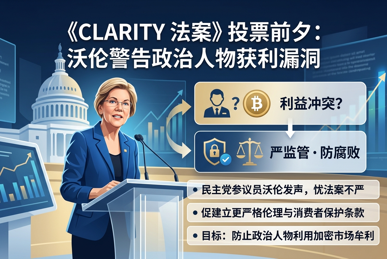 参议院投票前夕,沃伦警告现版本《CLARITY 法案》未能约束政治人物的特殊获利渠道