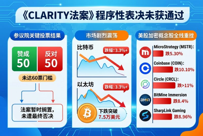 《CLARITY法案》关键程序性表决未获通过,比特币一度跌破7.5万美元,加密概念股全线重挫-指挥使社区 - 真实线索、热点议题与深度观察
