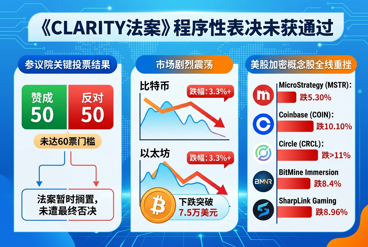 《CLARITY法案》关键程序性表决未获通过,比特币一度跌破7.5万美元,加密概念股全线重挫