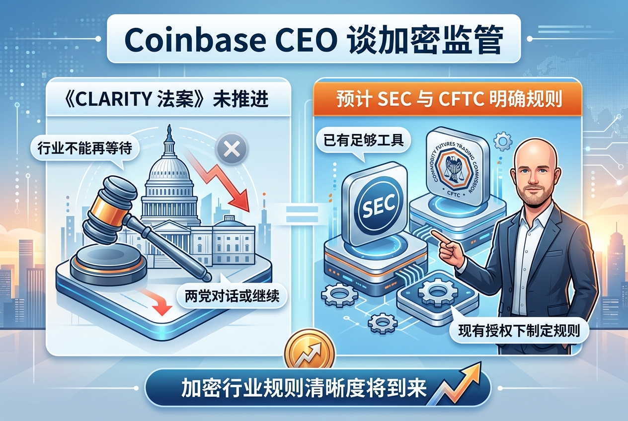 Coinbase CEO: 《CLARITY 法案》未能推进令人失望,预计 SEC 和 CFTC 将明确加密监管