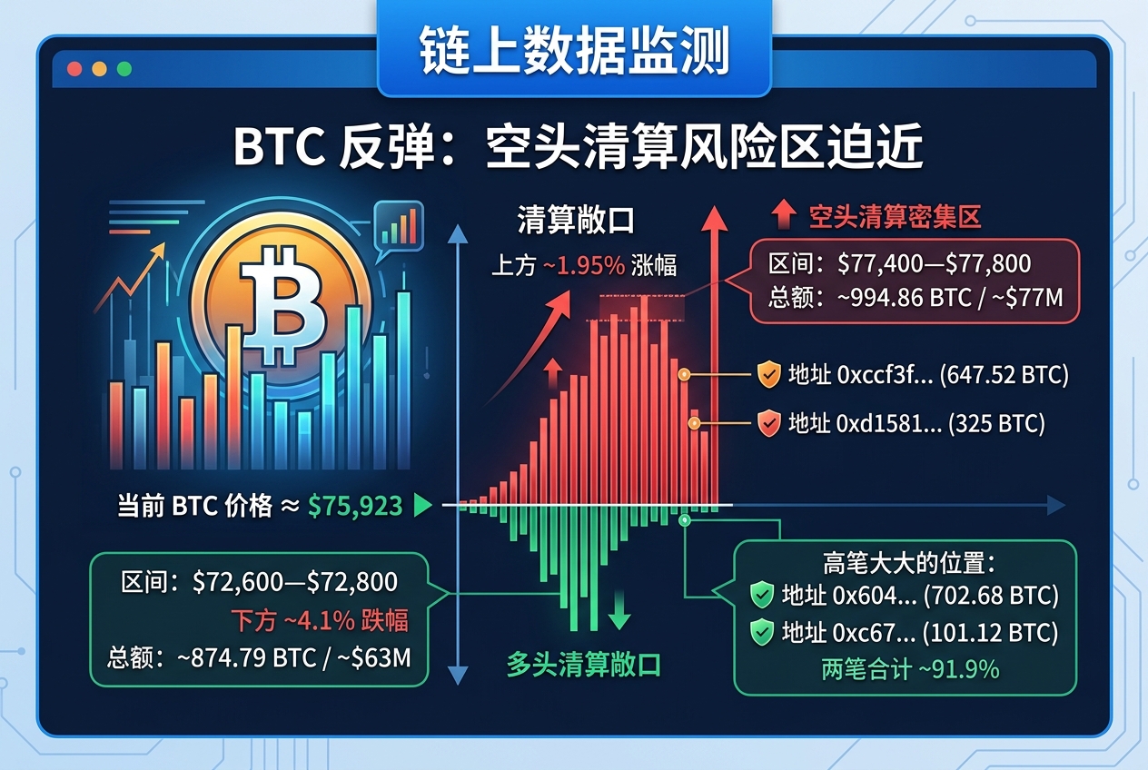 链上数据:BTC反弹约1.9%或触及空头清算密集区