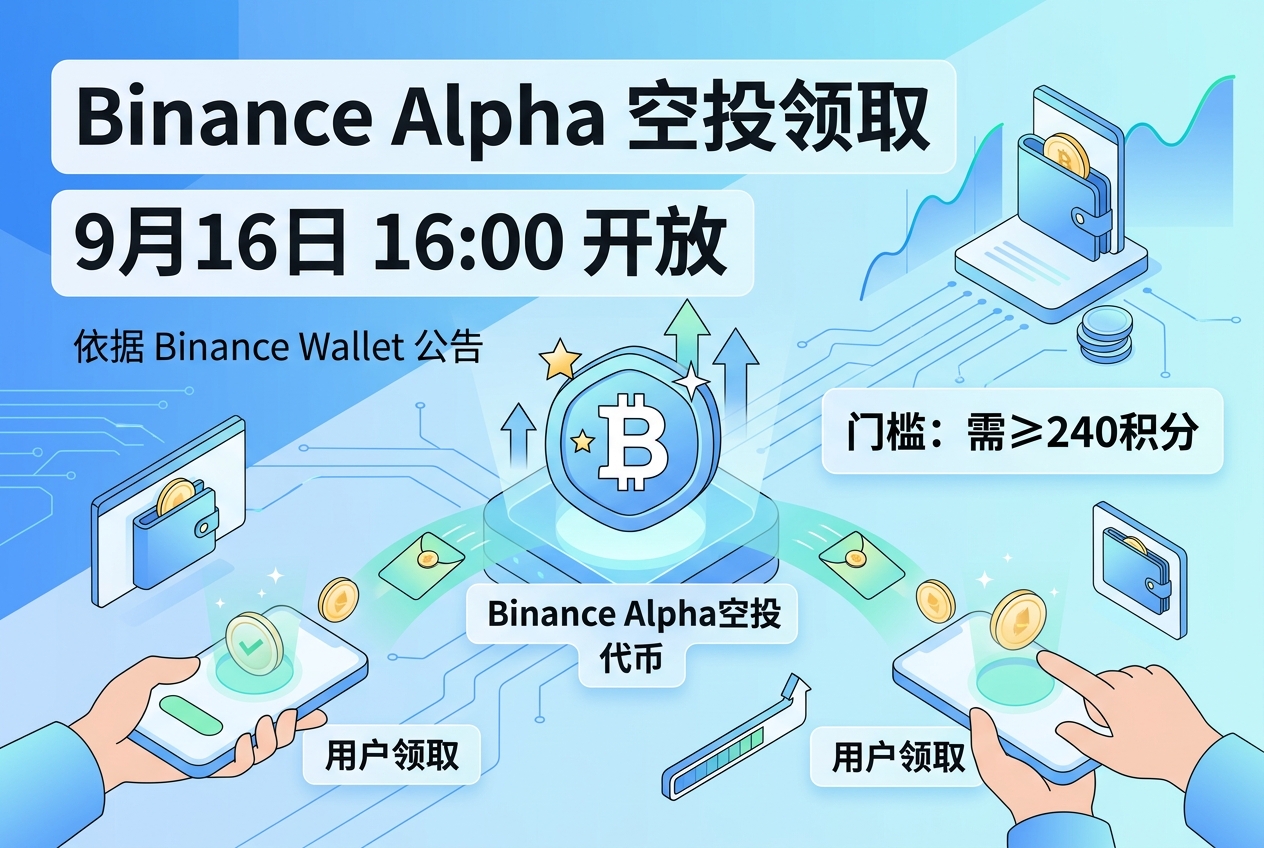 Binance Alpha 将于9月16日16:00开放空投领取，需至少240积分