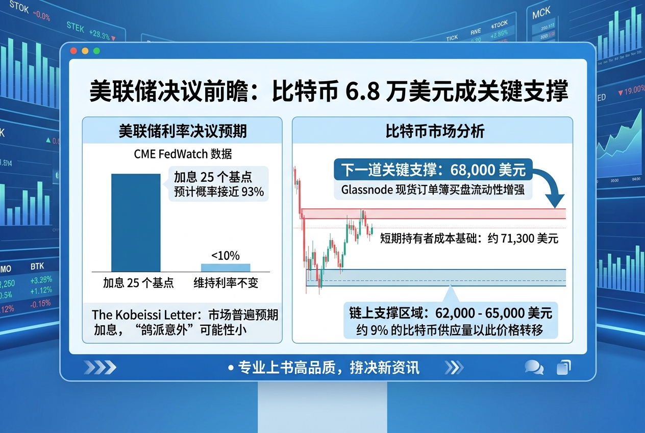 分析:美联储“鸽派意外”可能性不大,比特币支撑位在 6.8 万美元
