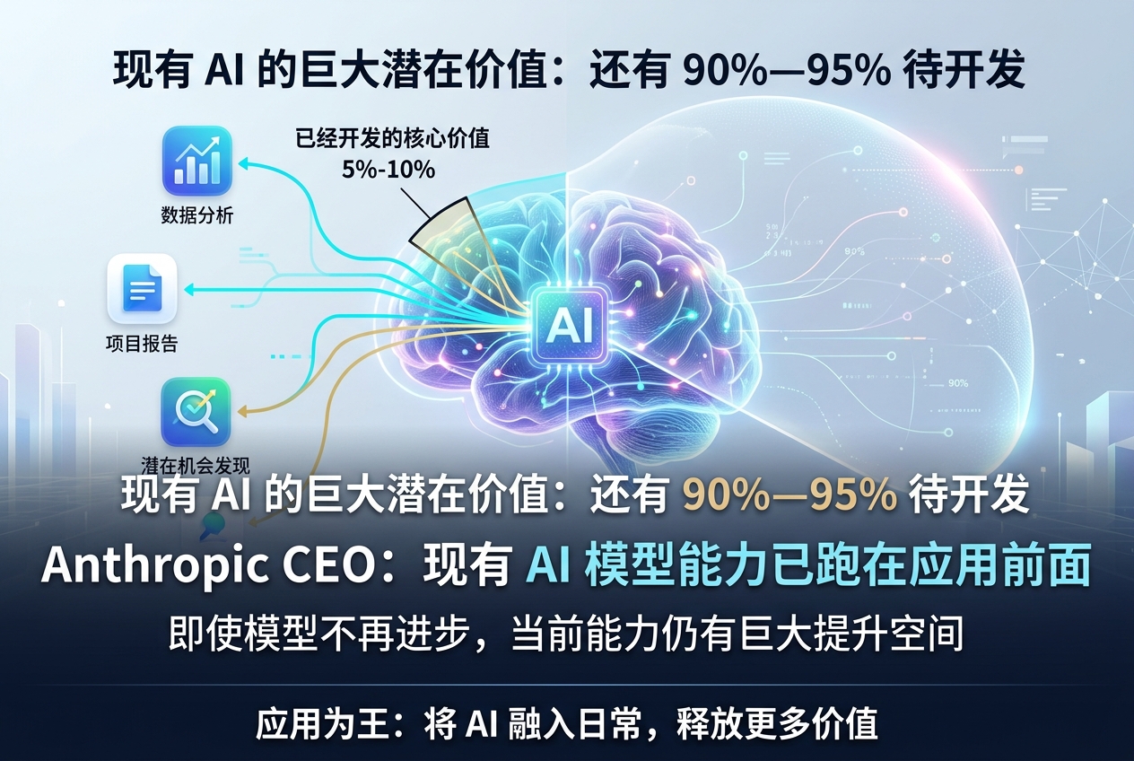 Anthropic CEO:即使模型今天停止进步,现有 AI 可能也只开发了 5%—10% 的价值