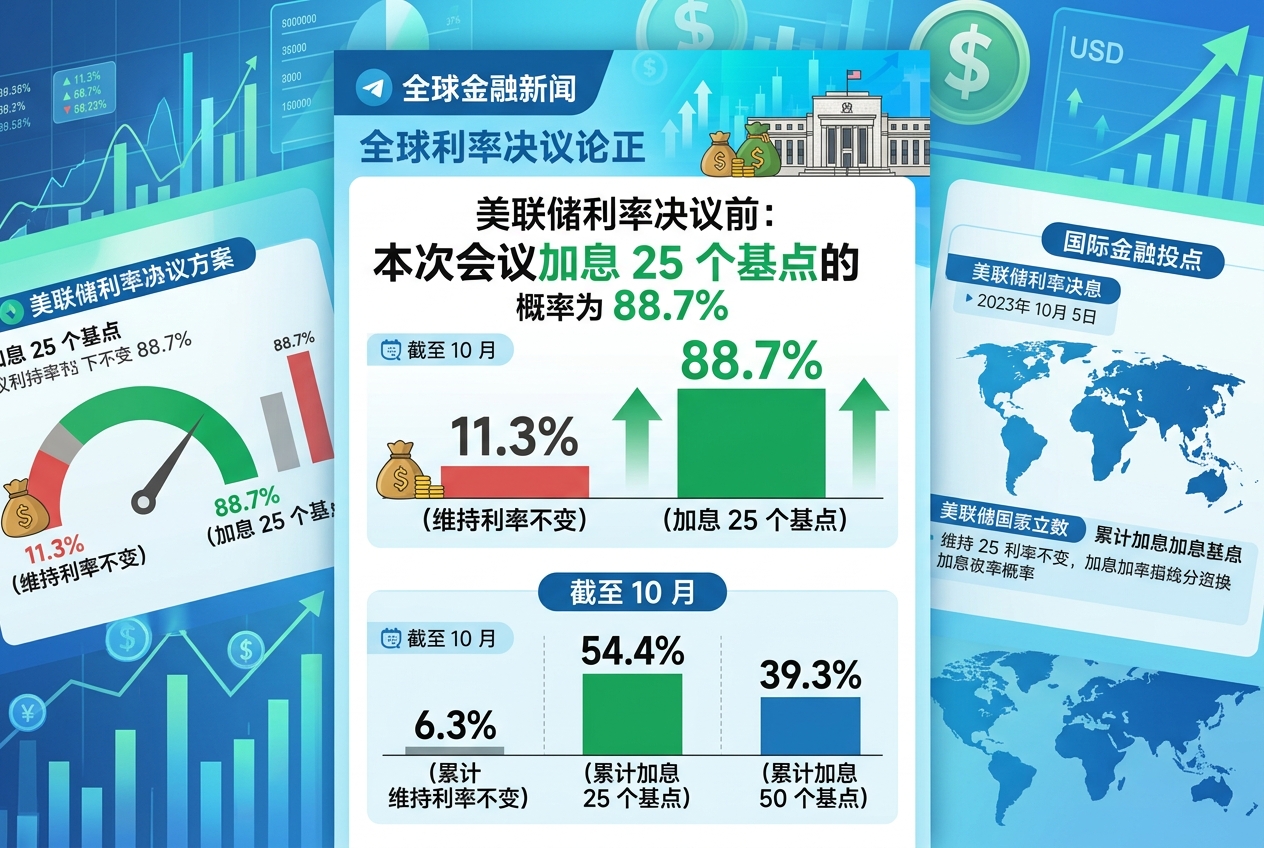 美联储利率决议前:本次会议加息 25 个基点的概率为 88.7%