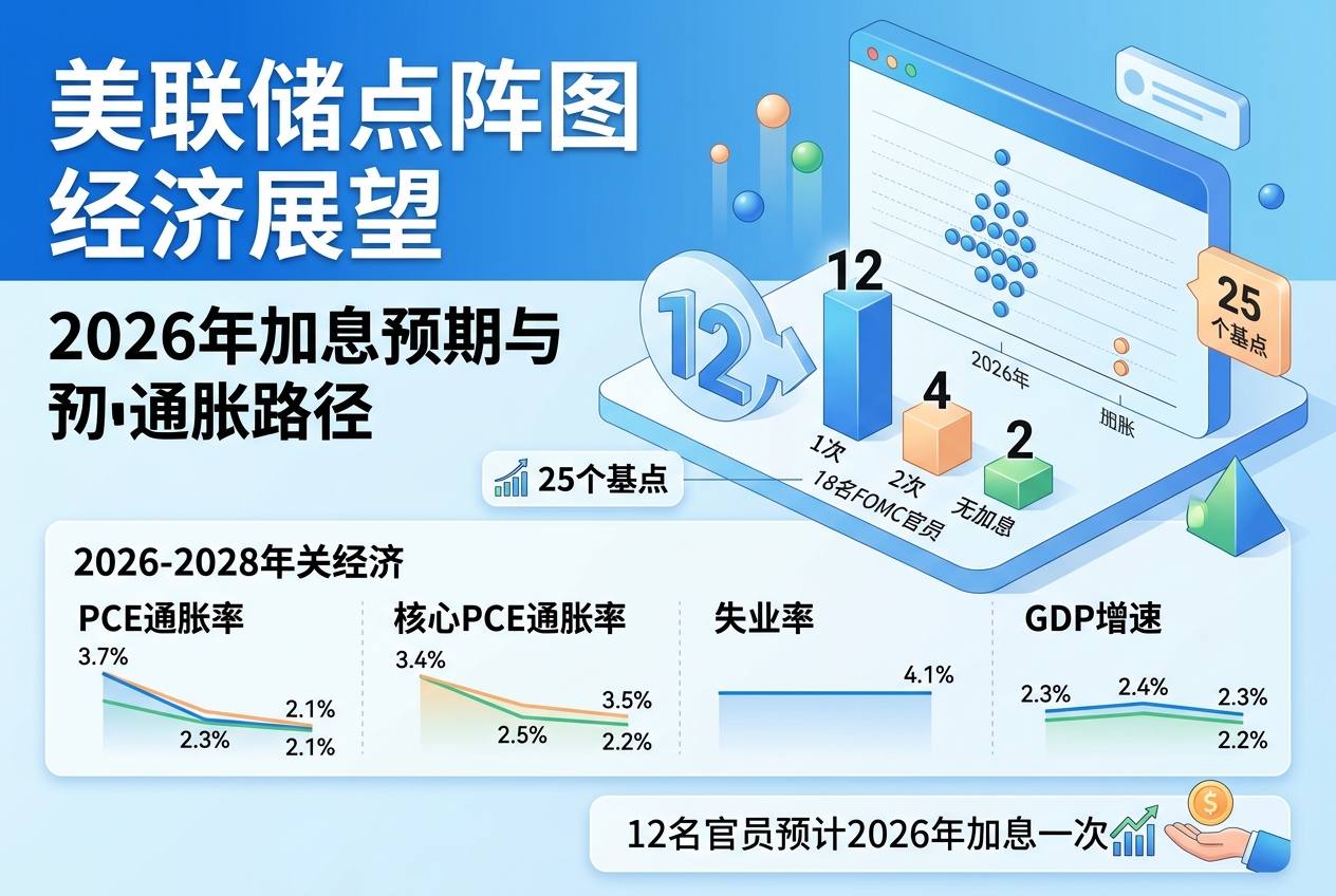 美联储点阵图：18名FOMC官员中12名预计2026年再加息一次