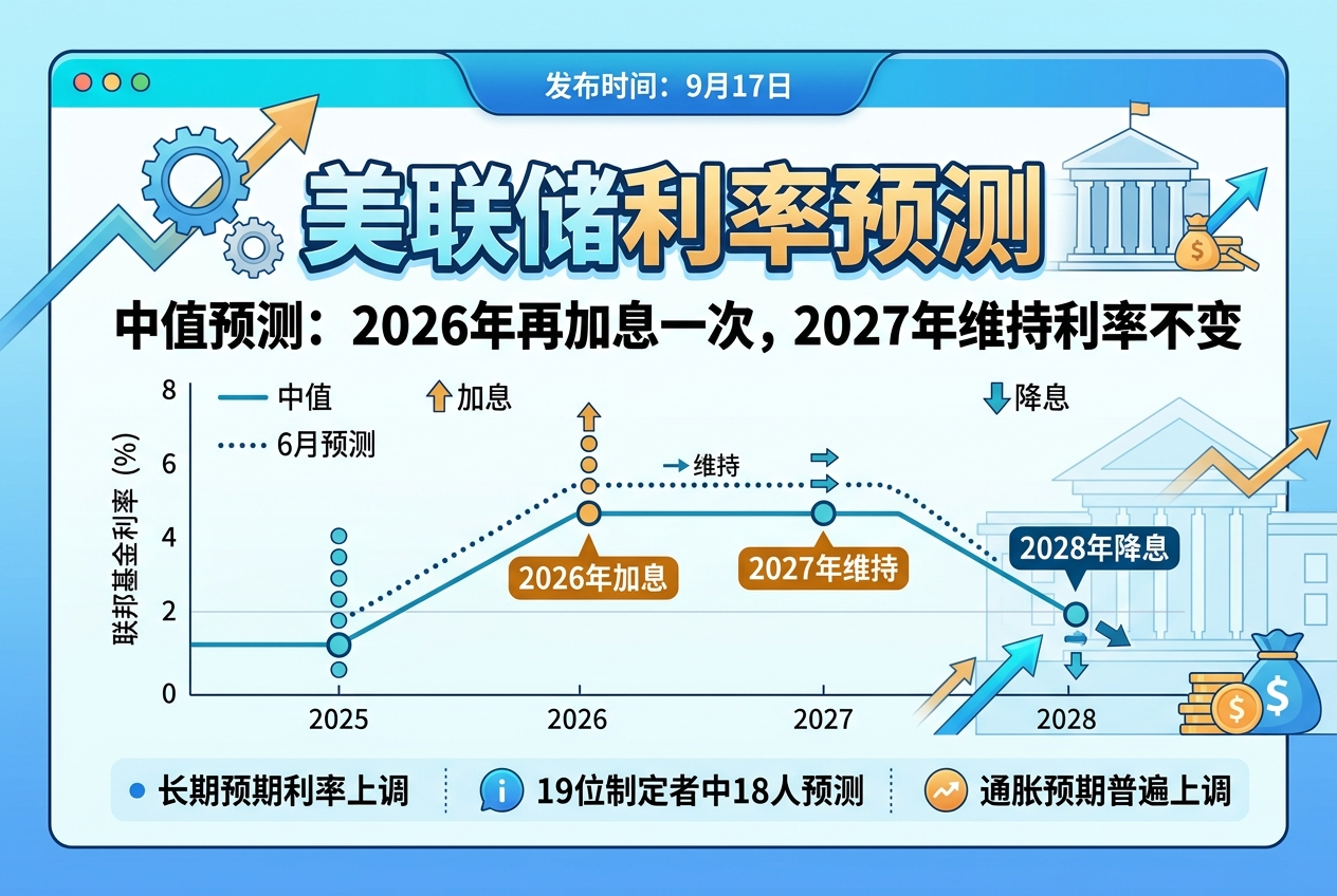 美联储中值预测：2026年再加息一次，2027年维持利率不变