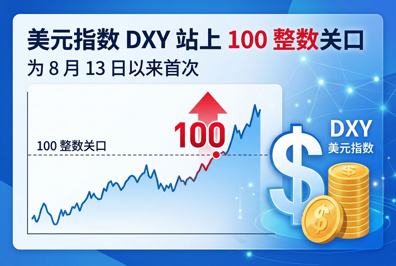 美元指数 DXY 站上 100 整数关口，为 8 月 13 日以来首次