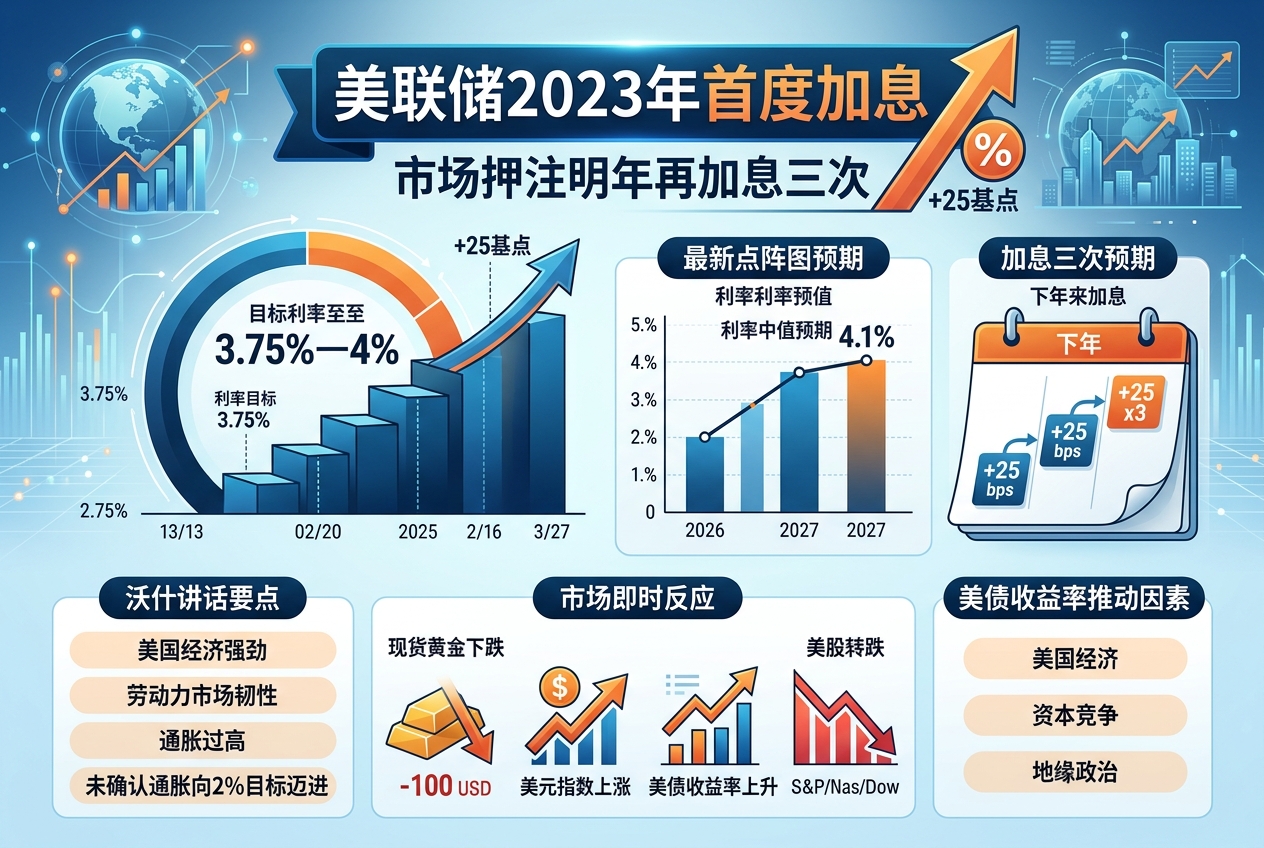 美联储2023年以来首次加息,市场押注明年再加息三次