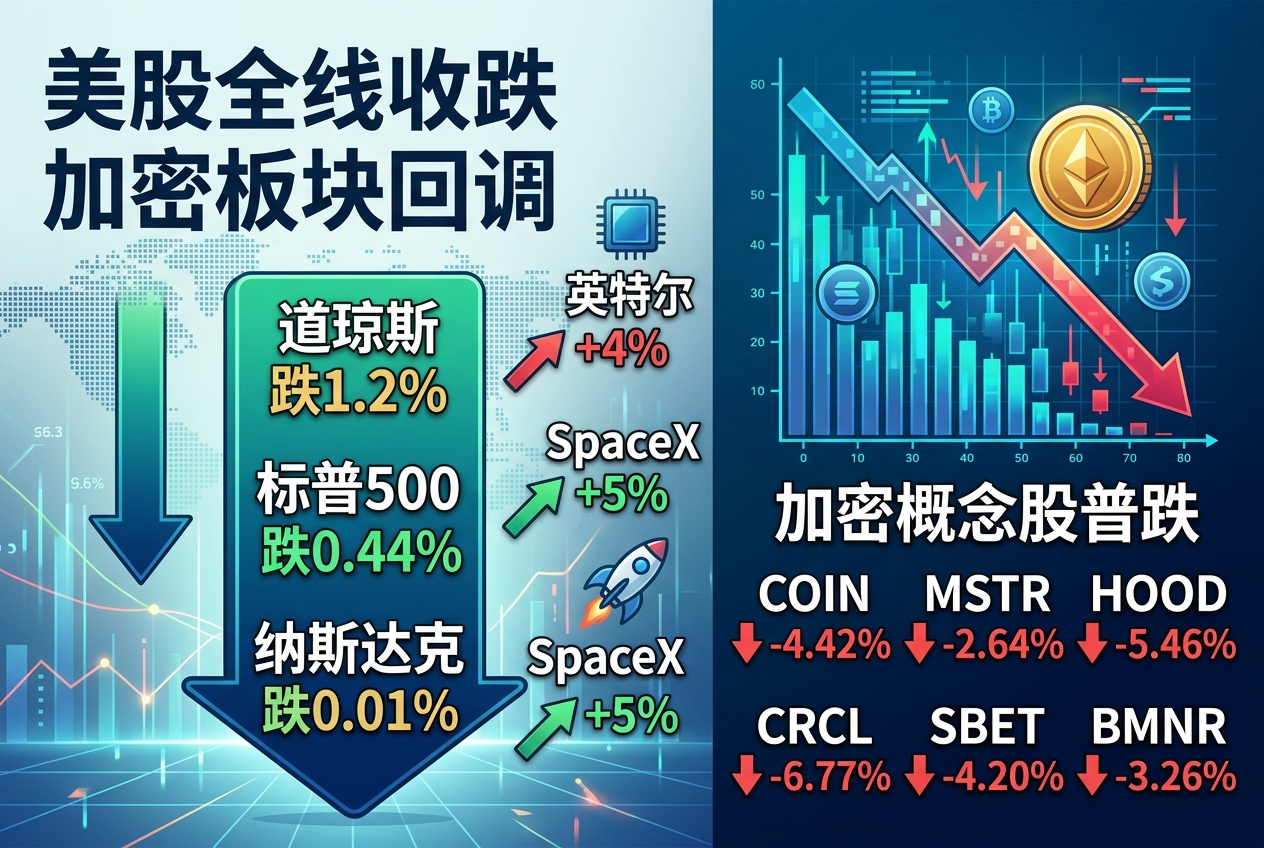 美股三大股指收跌,SpaceX涨5%;加密货币概念股普跌
