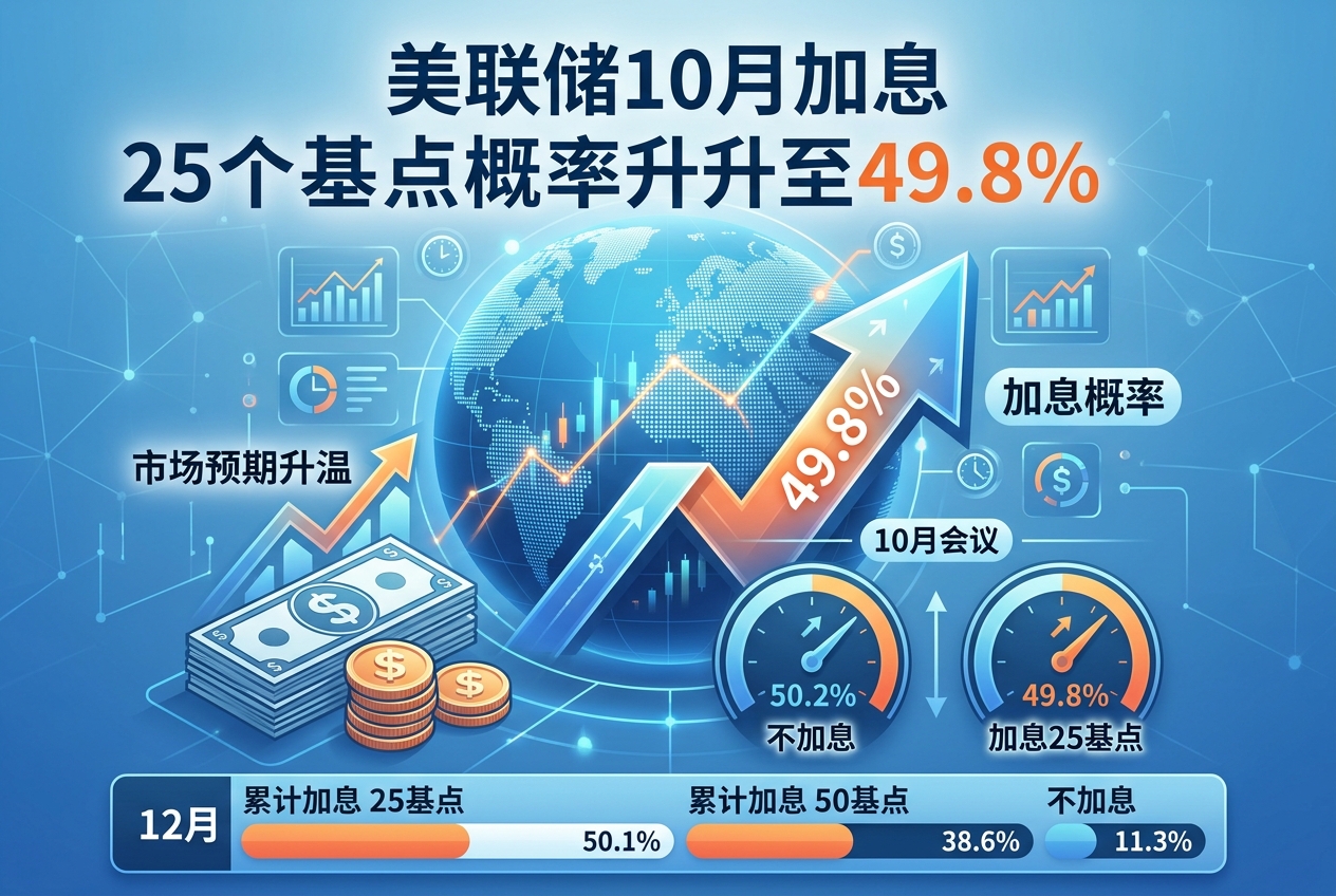 美联储 10 月加息 25 个基点概率升至 49.8%