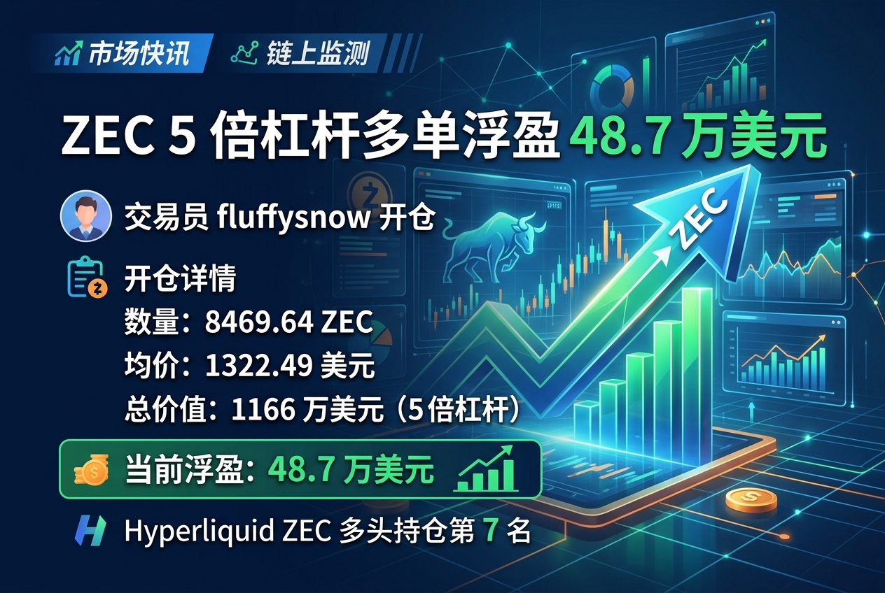 某交易员在 Hyperliquid 开设 ZEC 5 倍多单,现浮盈 48.7 万美元